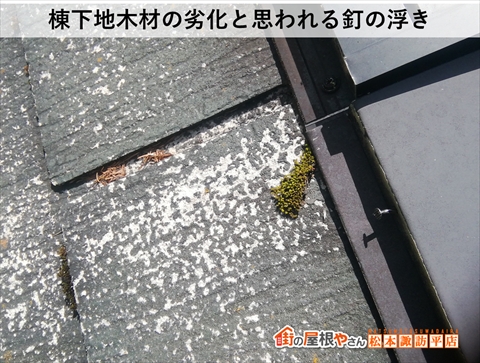 茅野市スレート屋根現地調査　棟板金を止める釘が浮いている